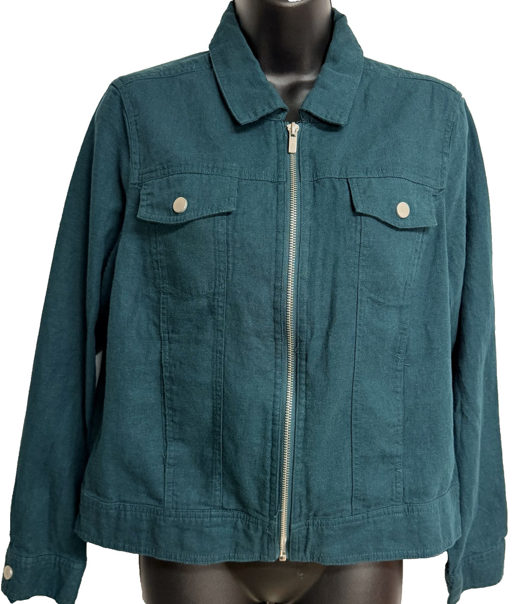Rachel Zoe Jacket Women's Medium Teal Green Linen Blend Full Zip Utility NEW